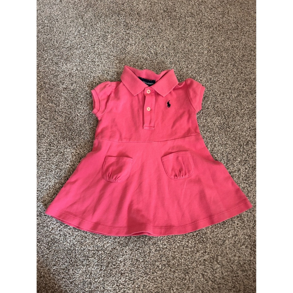 Ralph Lauren Baby Girl Pink Polo Dress Short Sleeve Pique 9M Navy Pony Logo